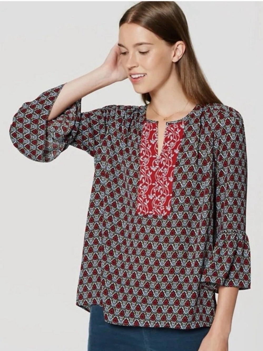 LOFT Boho Geometric Floral Bell Sleeve Peasant Tunic Blouse XS